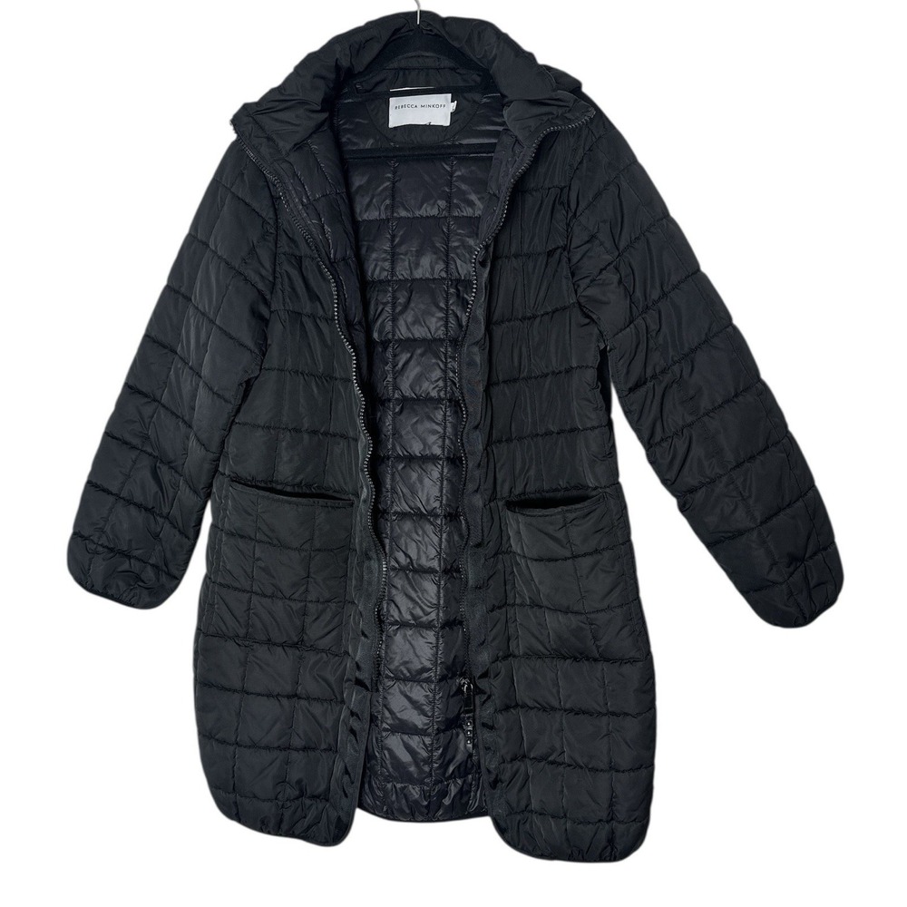 Rebecca Minkoff Puffer Coat Jacket Women XL Black Solid Long Hooded Full Zip
